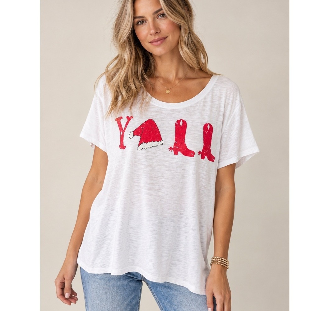 Judith March Women Christmas Country Y'all Graphic Tee White Santa Boots Small